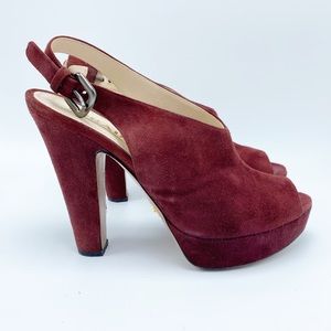 Prada size 36.5/ 6.5 Maroon Suede Platform Slingback Peep toe Heels